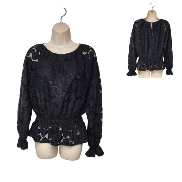 Marc New York Round Neck Long Balloon Sleeve Peplum Top/Blouse Black Size M - Picture 1 of 7